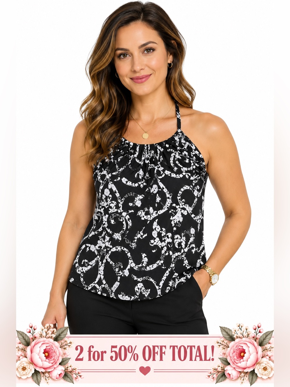 Black & White Halter Neck Tank Top - Women's